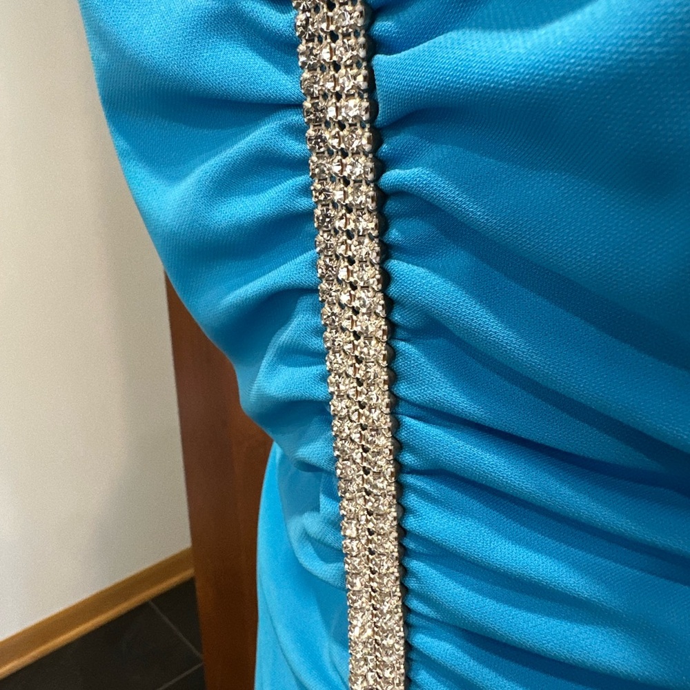 Vintage Y2K Prom Betsy & Adam Turquoise Halter Ruched Gown with Rhinestones - Picture 3 of 5